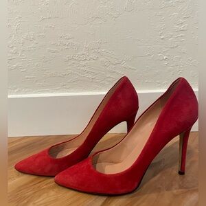 Red suede pumps, stiletto heels